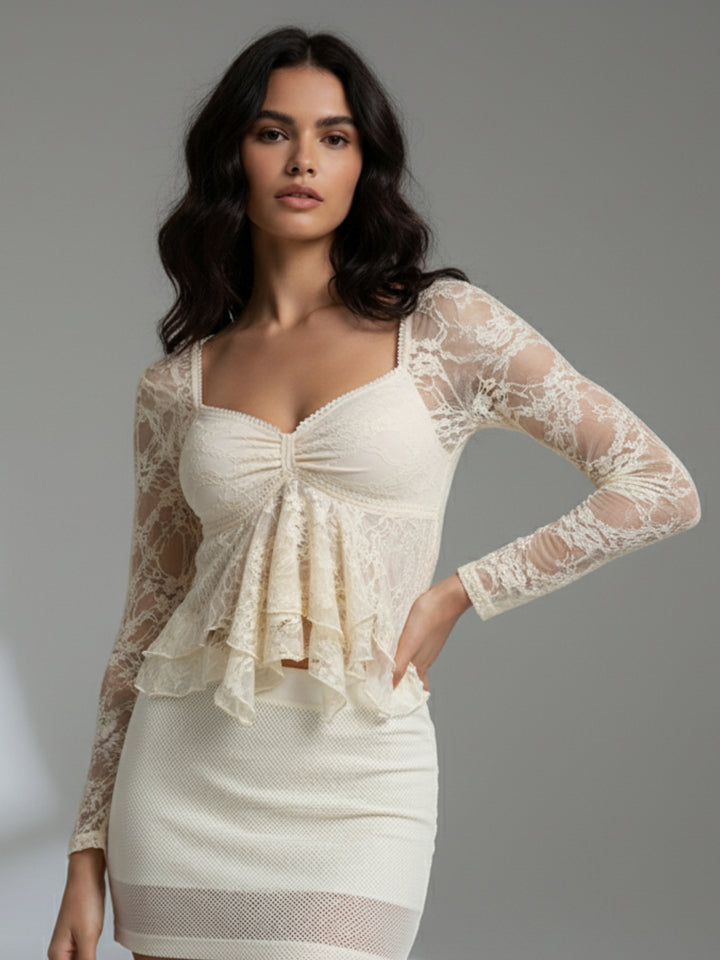 Cream Sweetheart neckline lace top
