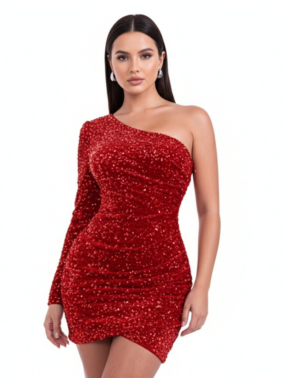 Red One Shoulder Sequined Fitted Wrap Hem Dress