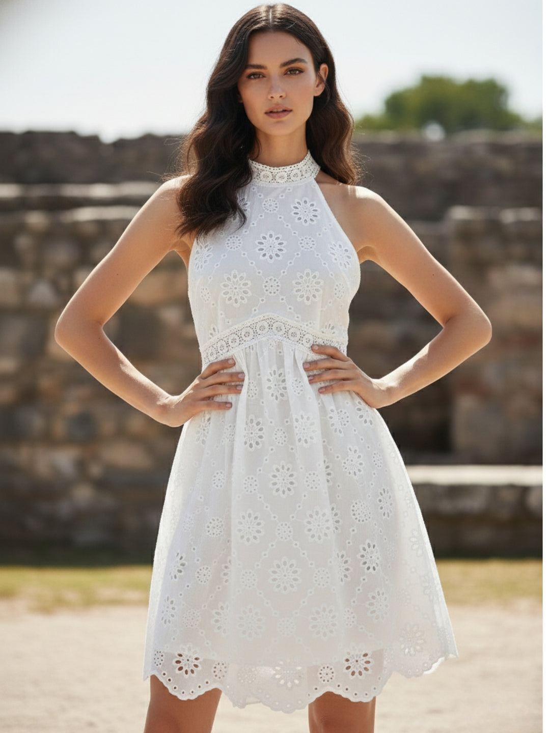 White Halter Neck Schiffli Dress