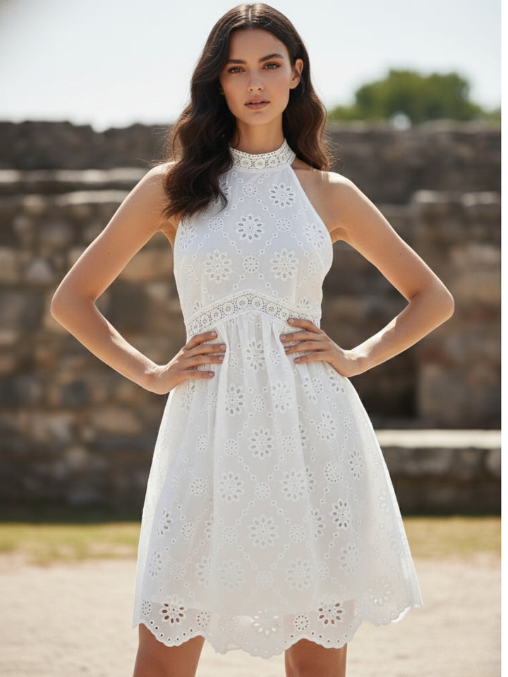White Halter Neck Schiffli Dress