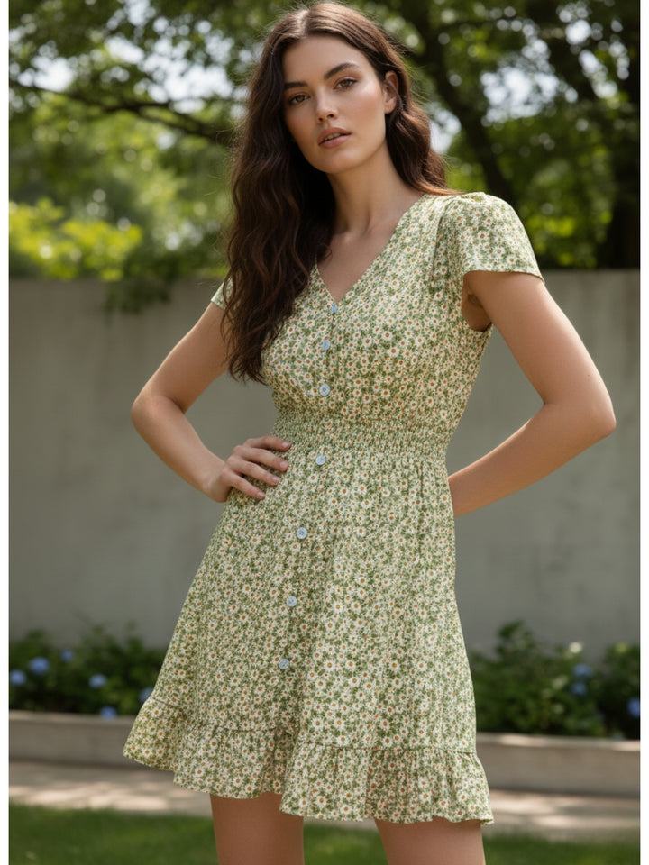 Green V-Neck Printed Ruffle Hem Dress