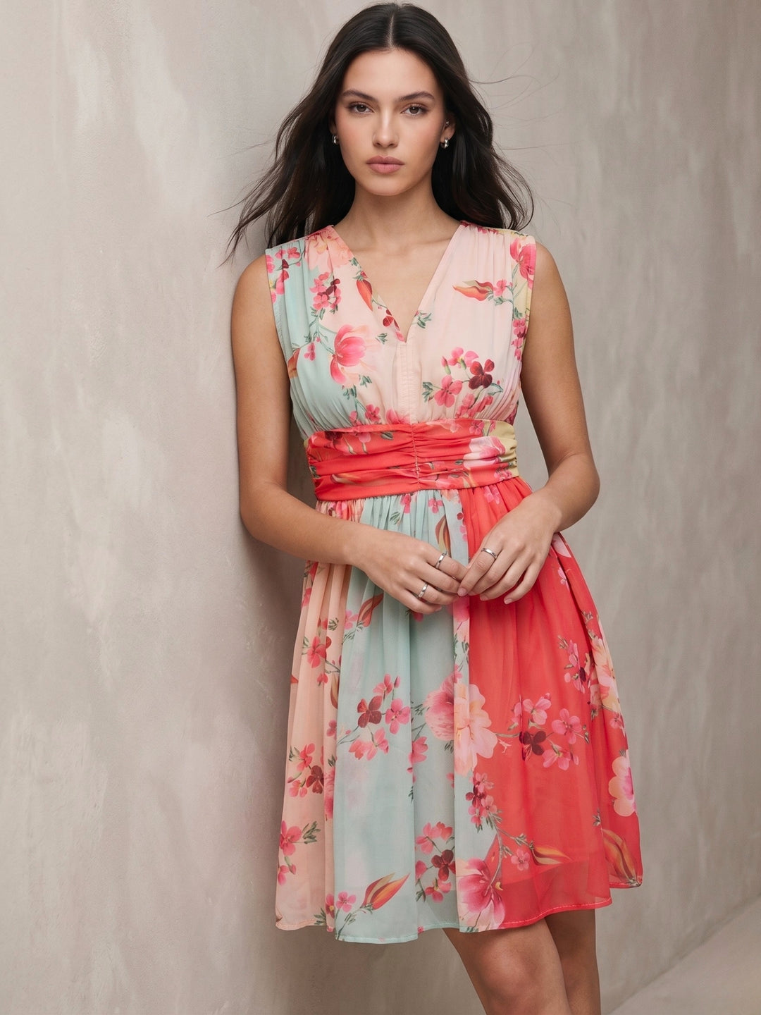 Multi Printed Mini Dress With Ruched Waistline