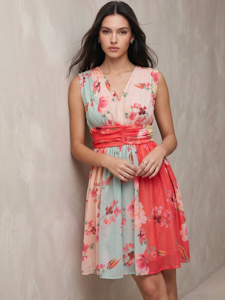 Multi Printed Mini Dress With Ruched Waistline