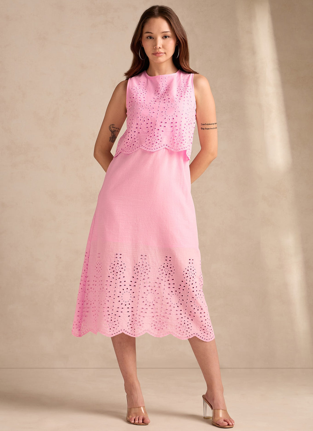 Light Pink Sleeveless Schiffli Maxi Dress