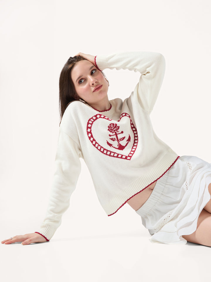 White Contrast Stitch Hem And Neck With Graphic Sweater