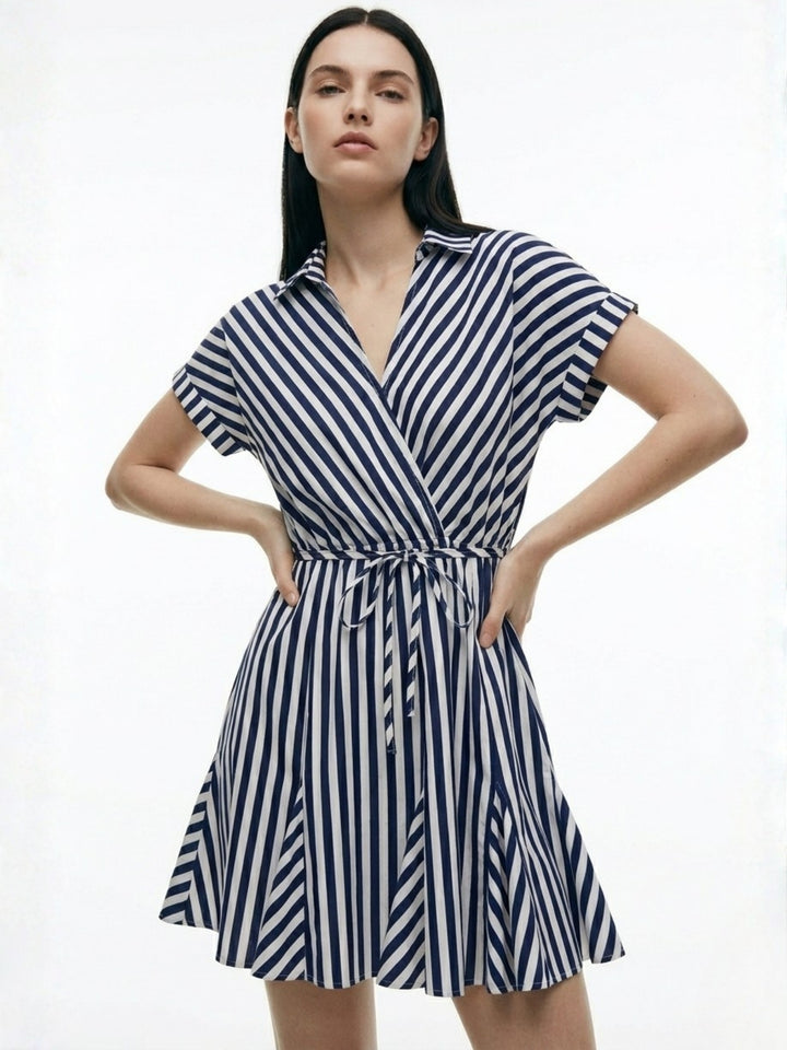 Navy Blue Short Sleeve Waist Tie-Up Striped Dress