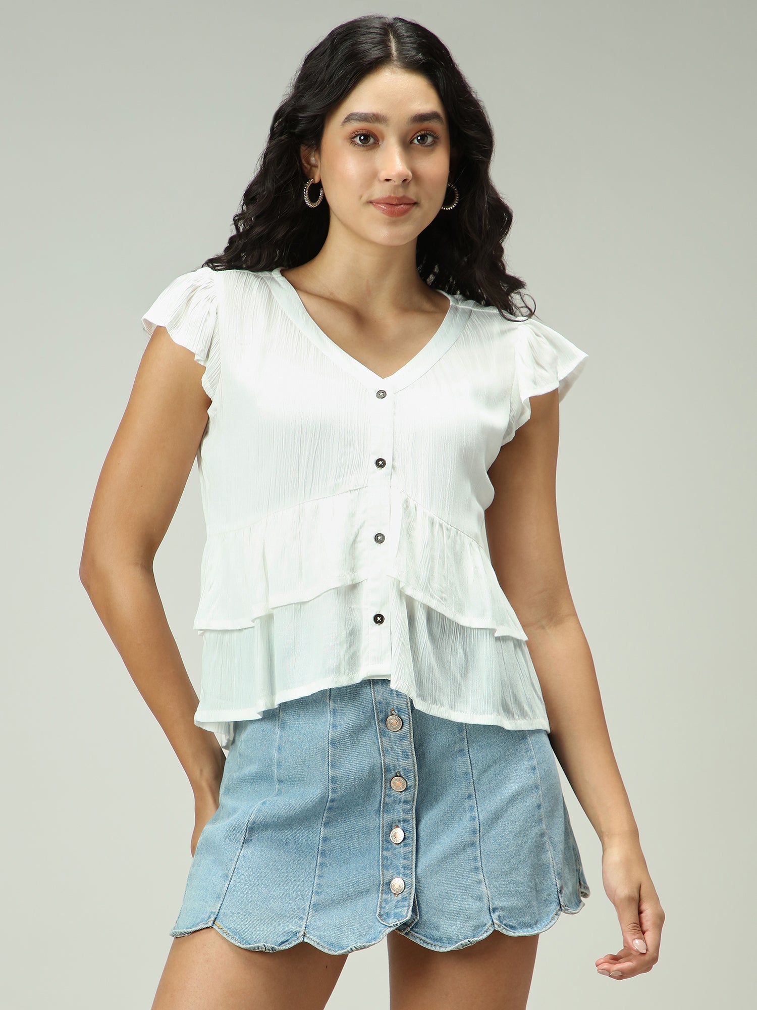 White Button Down Tiered Top