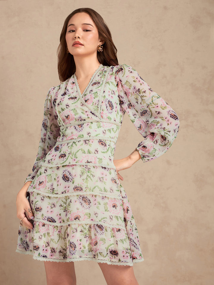 Multi Floral Printed Dress With Lace Detailing