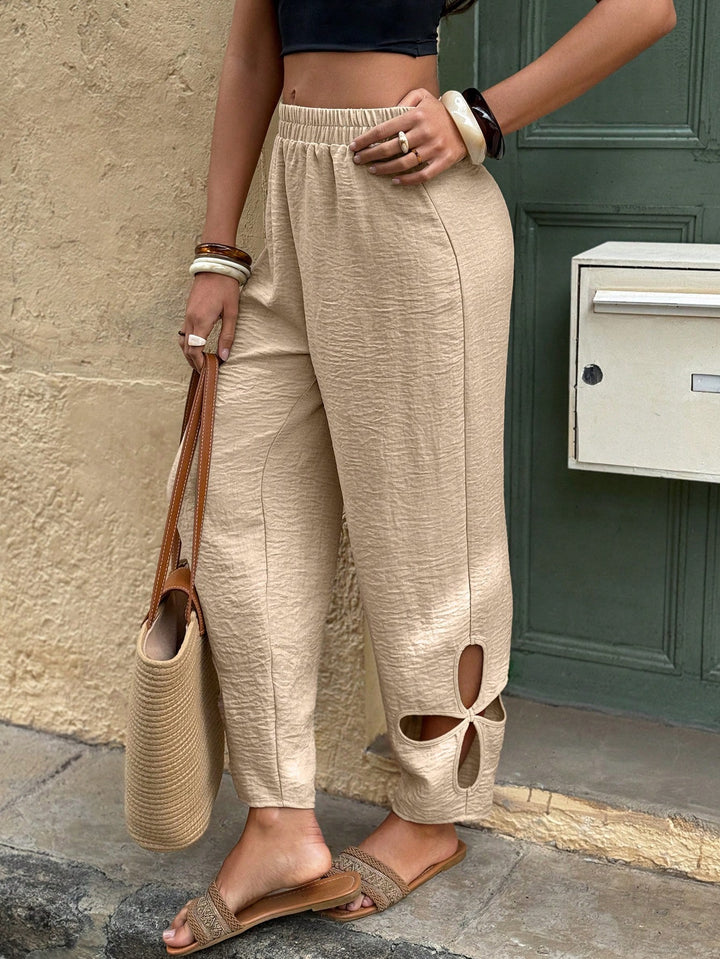 Beige Side Hem Cutout Pull Up Pants