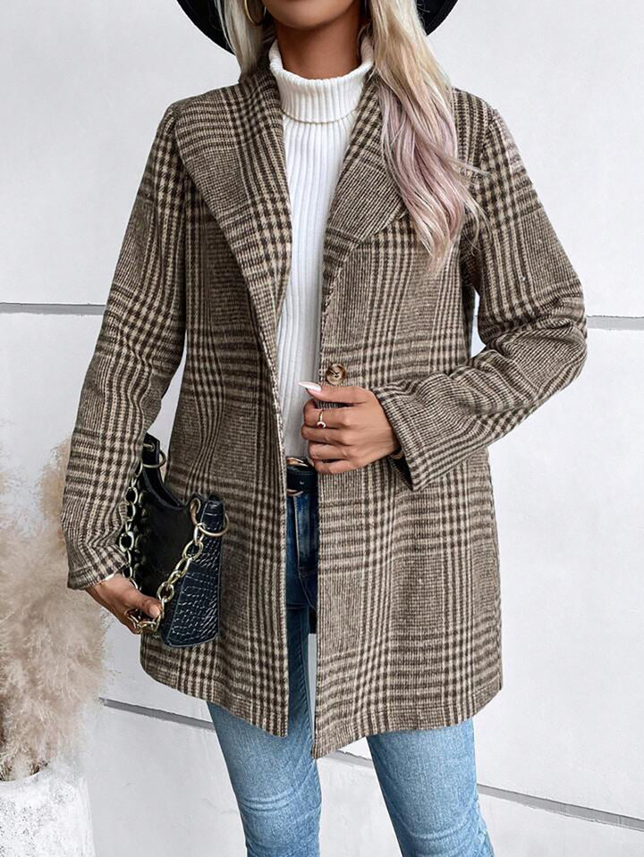 Brown Big Collar Full Sleeve Check Long Coat