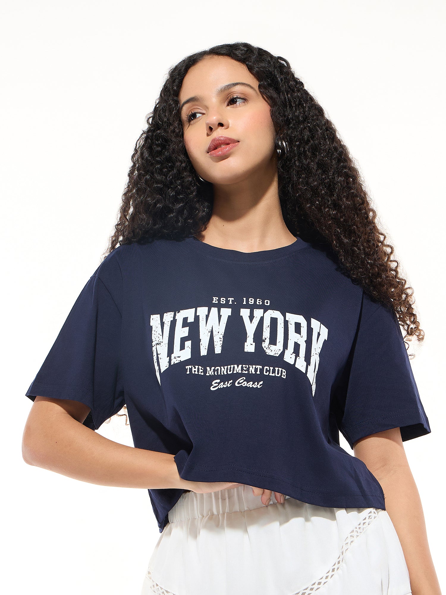 Navy Blue Cropped Boxy T-shirt With Graphic