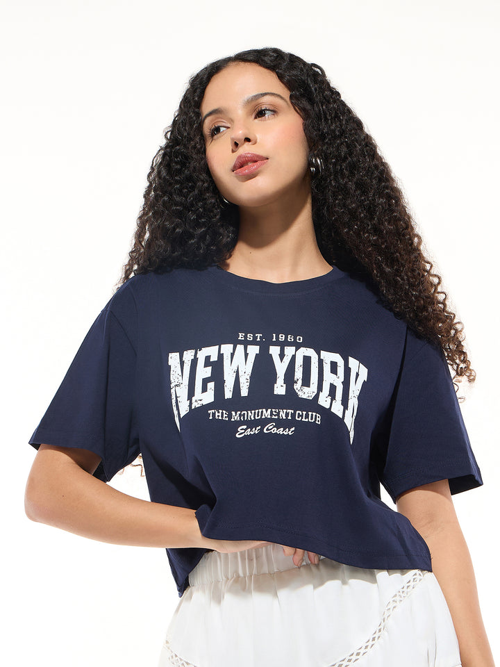 Navy Blue Cropped Boxy T-shirt With Graphic
