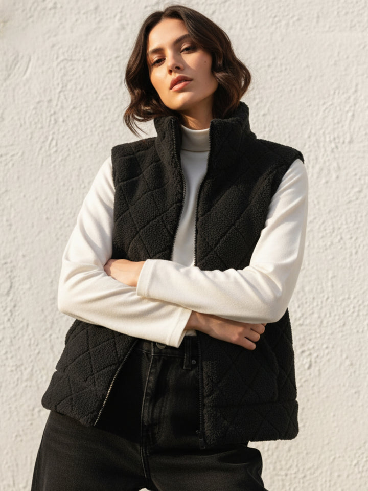 Black Sleeveless Zip Front Funnel Neck Jacket