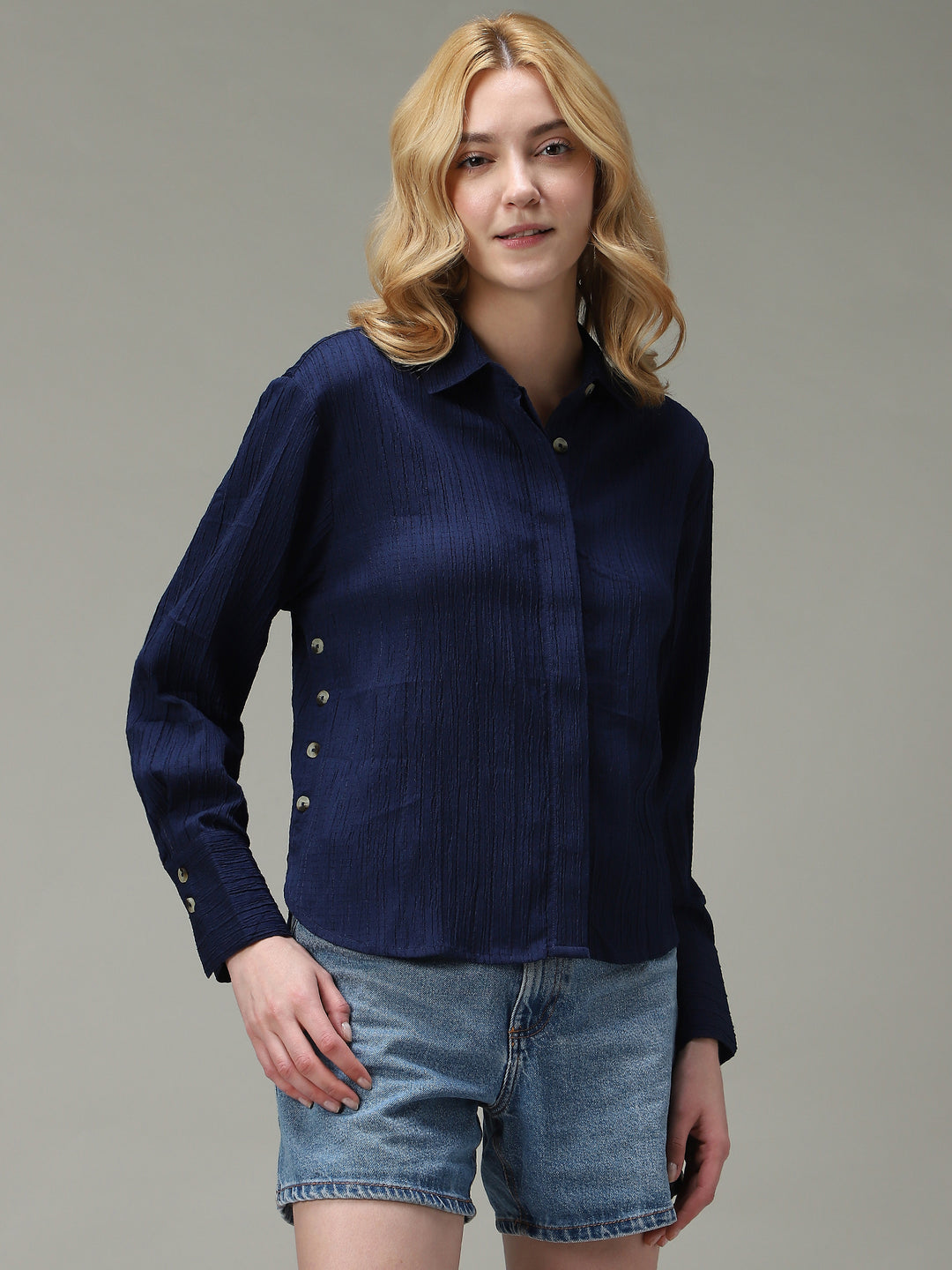 Navy Blue Side Button Detailed Shirt