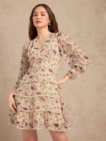 Multi Floral Printed Dress With Lace Detailing