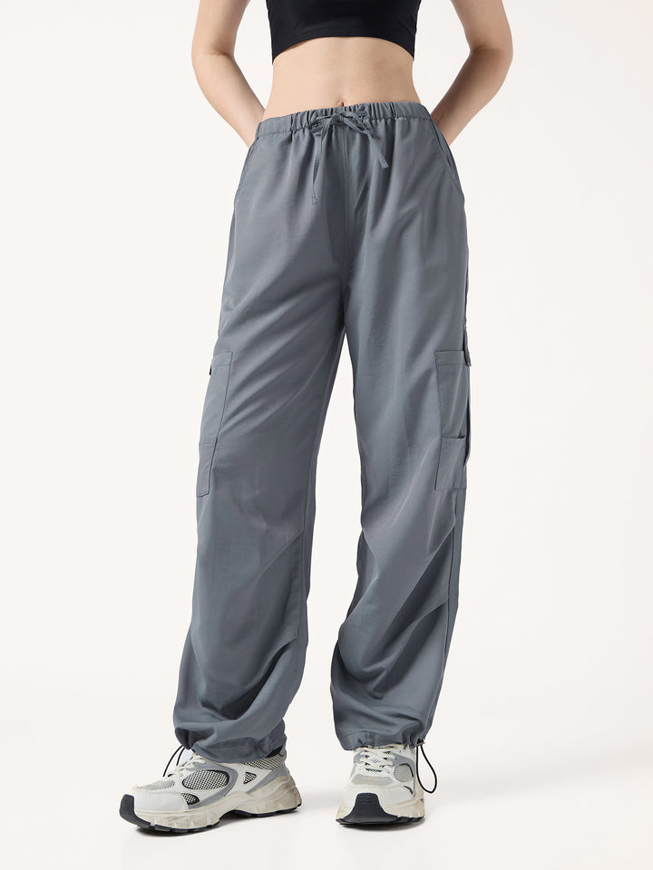 Grey Cargo Pockets Drawstring Wid Leg Trouser