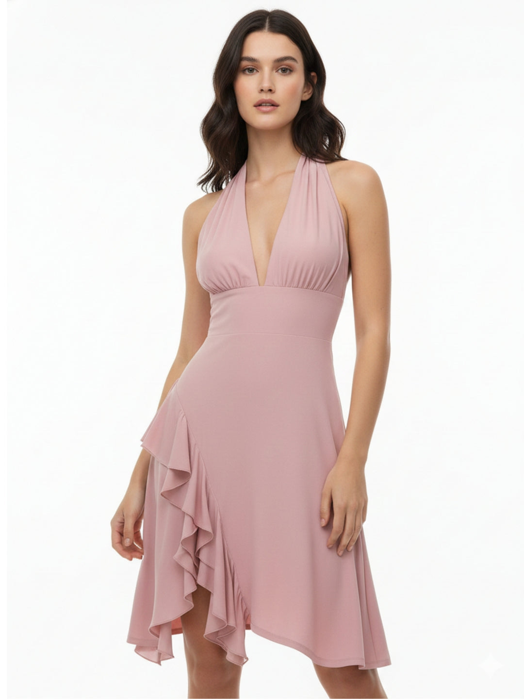 Pink Halter Neck Ruffle Detail Dress
