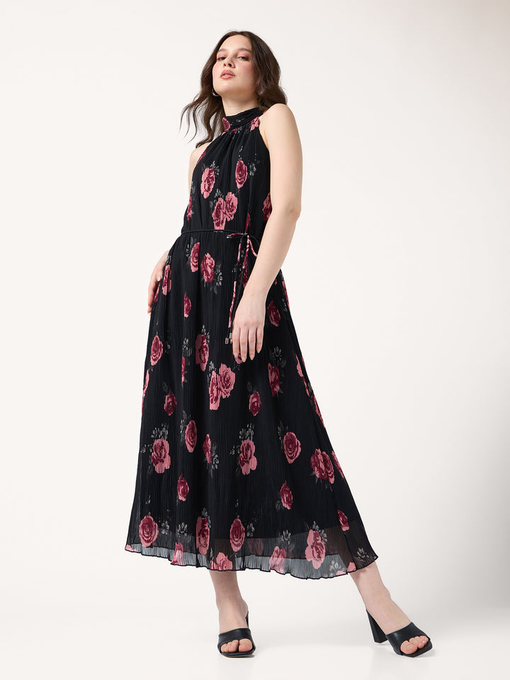 Black Halter Neck Floral Printed Dress