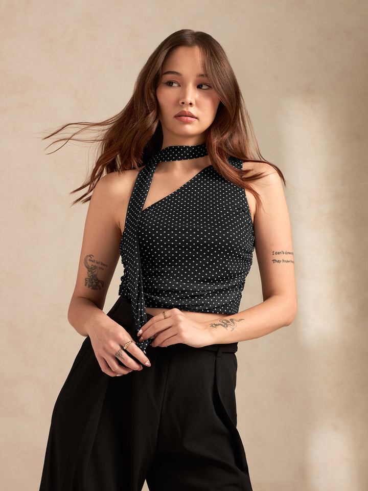 Black Polka Dot One Shoulder Top