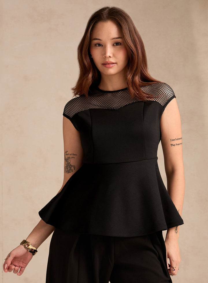 Black Studded Mesh Peplum Top