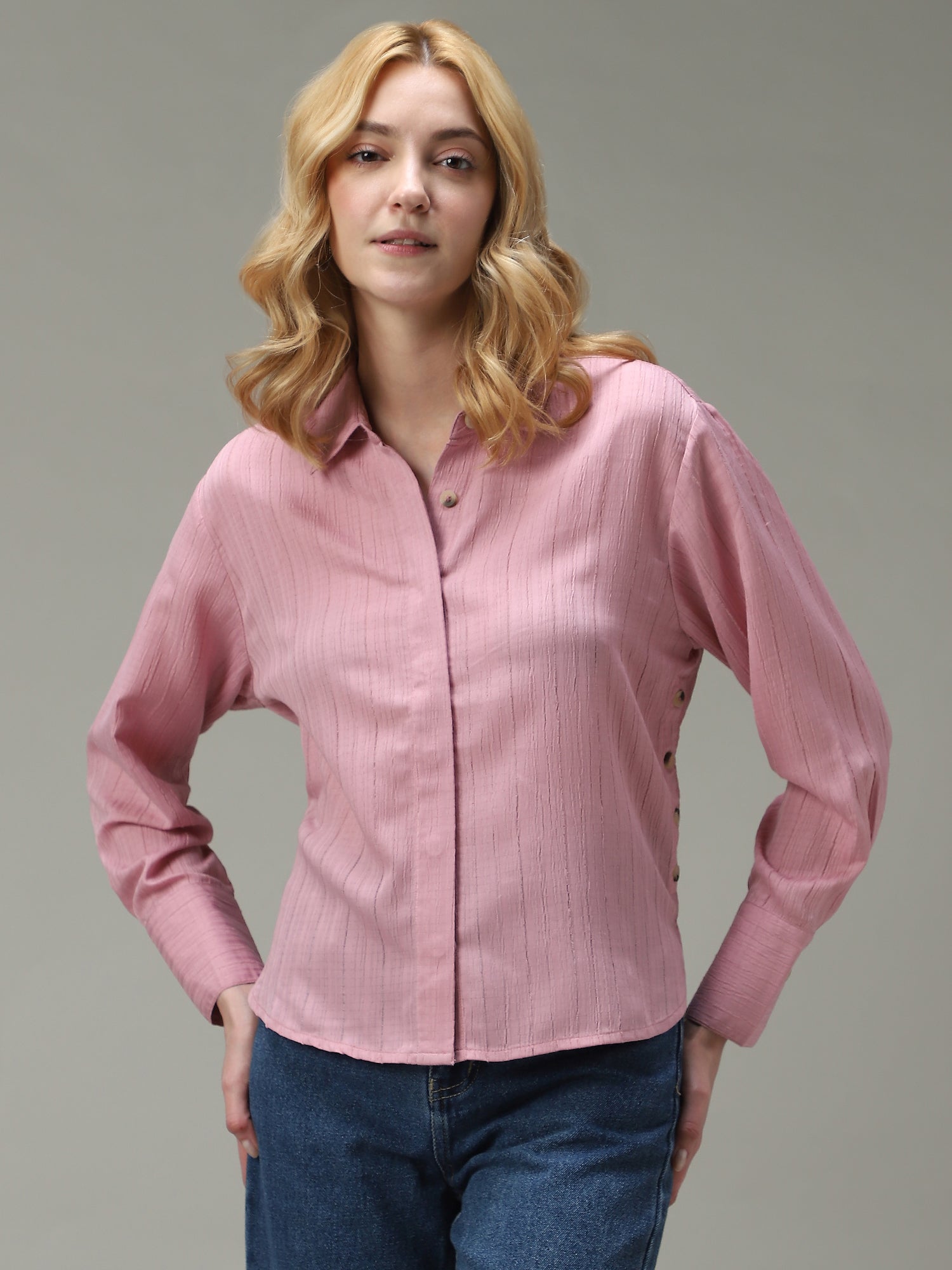 Pink Side Button Detailed Shirt