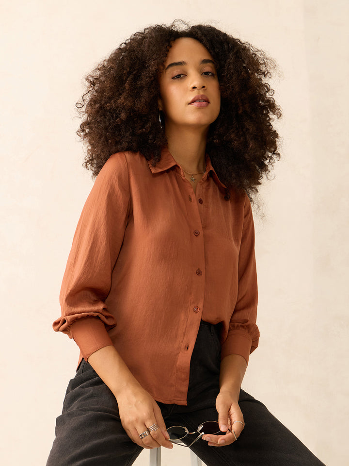 Brown Relaxed Fit Satin Shirt