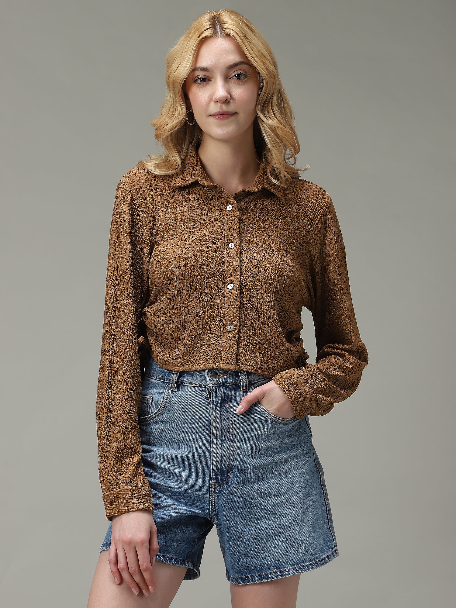 Brown Textured Crop Shirt