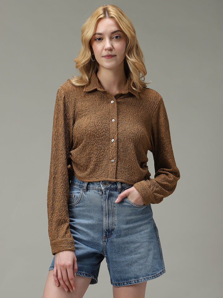 Brown Textured Crop Shirt