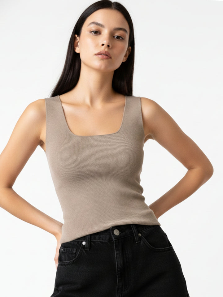 Brown Square Neck Wide Strapped Tank Top