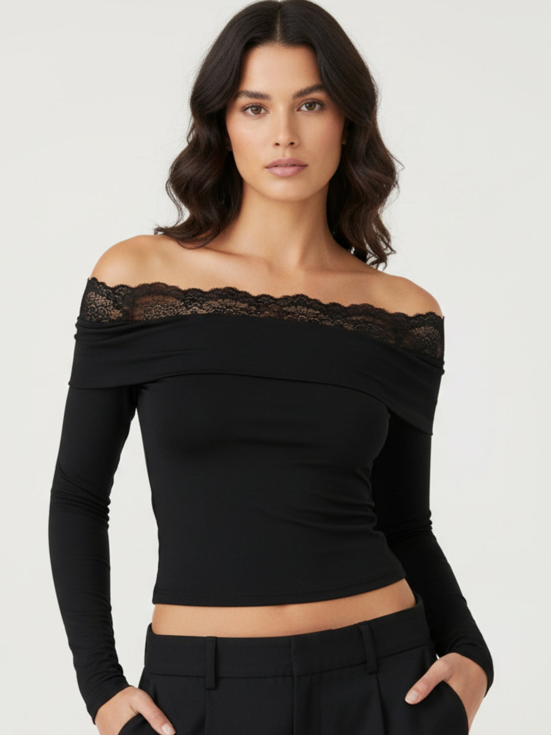 Black Off-shoulder lace-insert top