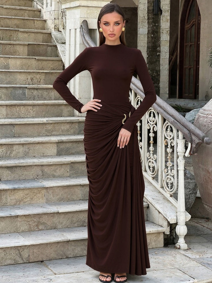 Brown Full Sleeve Waist Buckle Detail Dress