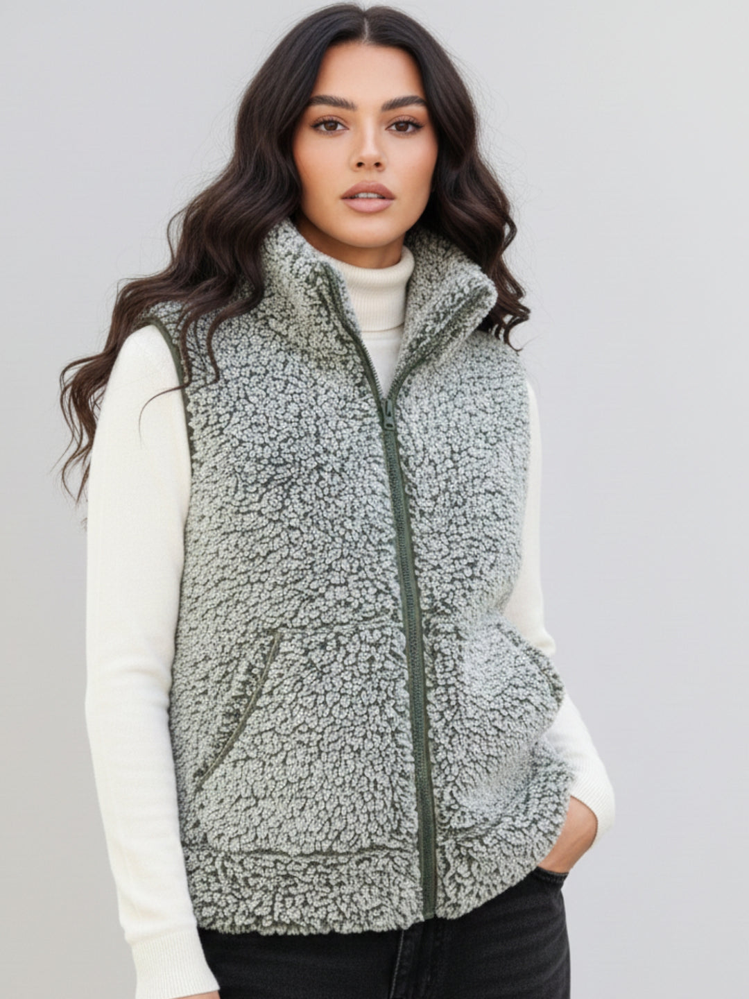 Grey Sleeveless Zip Front Textured Jacket