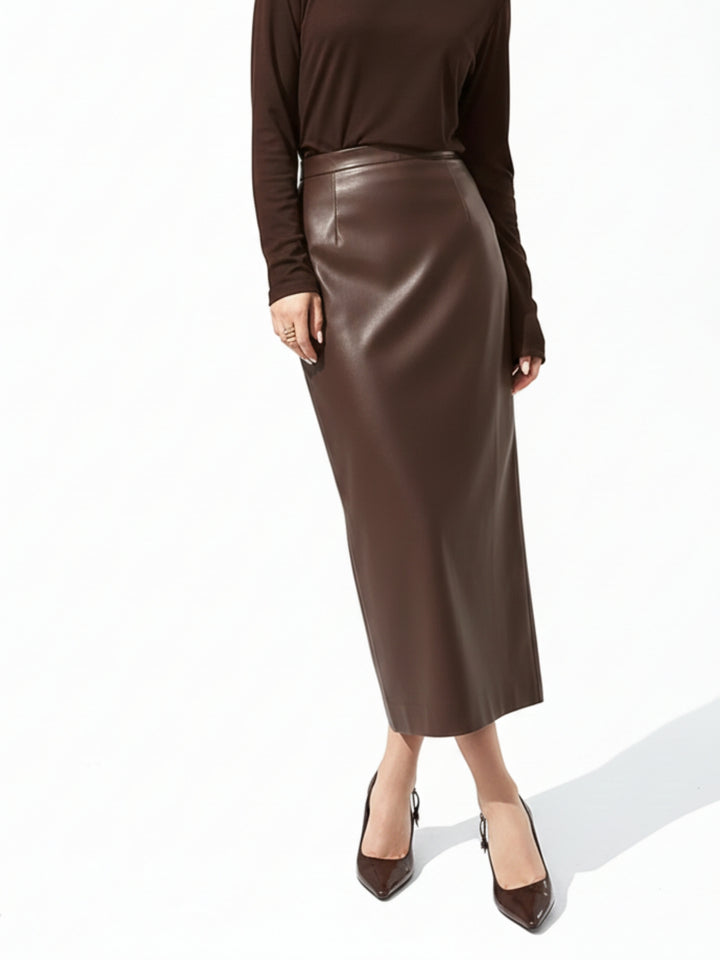 Brown High Waist Fitted Pu Skirt