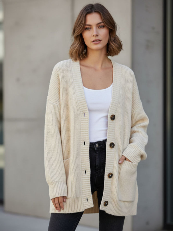 Off White Full Sleeve Double Pockets Slouchy Cardigans