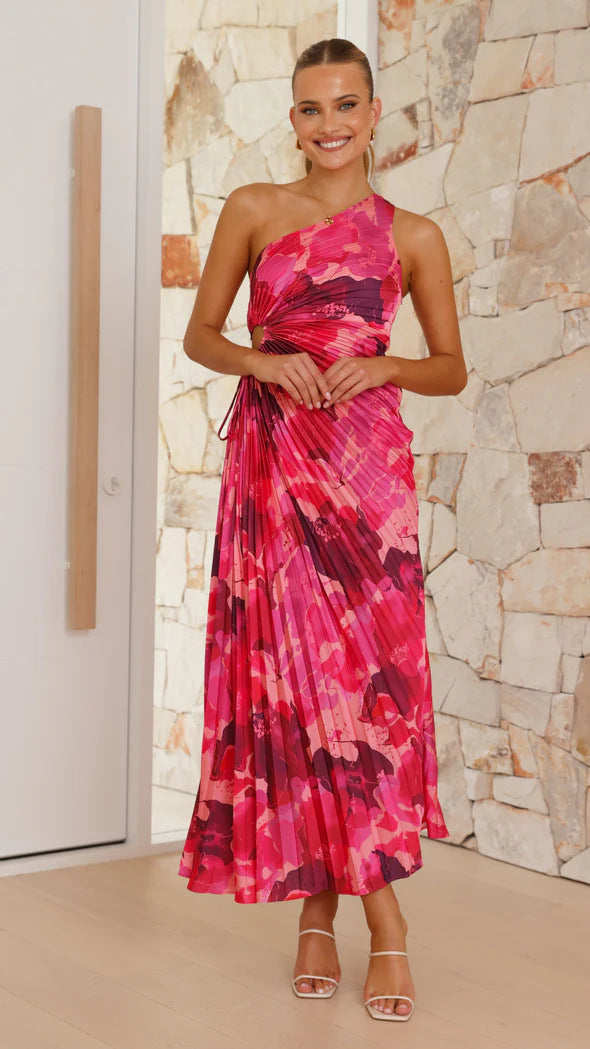 Pink One Shoulder Waist Cut-Out Pleated Dress