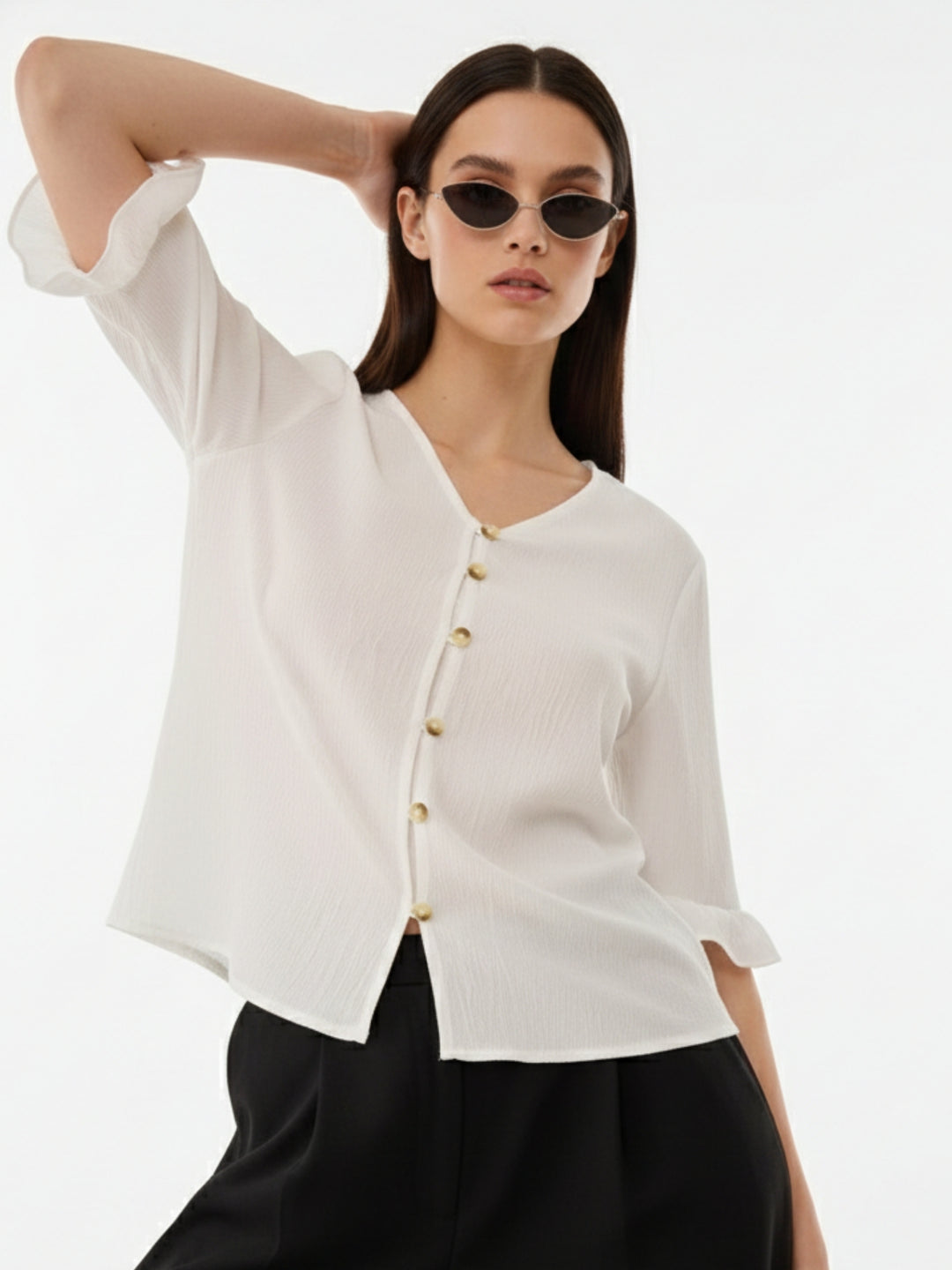 White Front Buttoned Top With Ruffle Detail On Sleeve