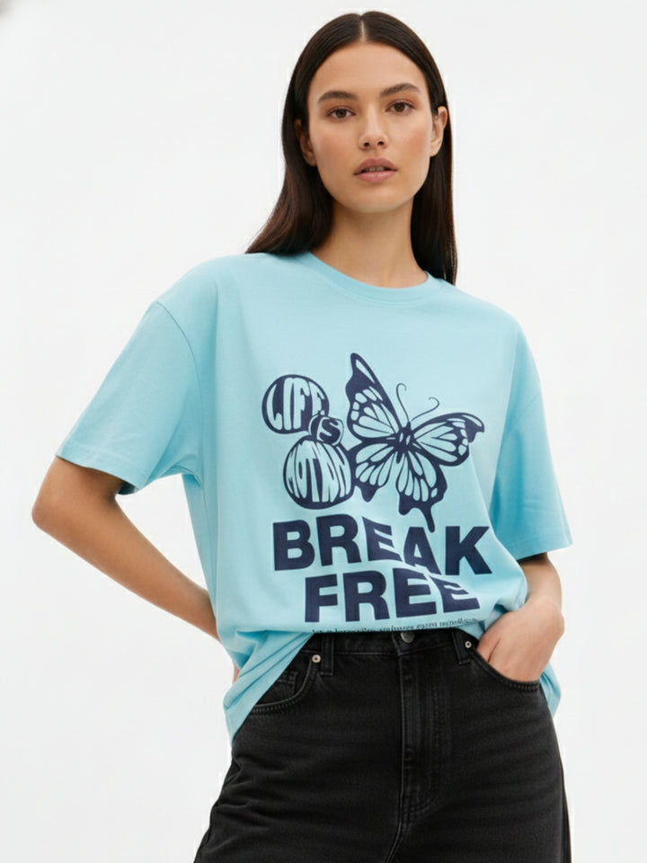 Blue Crew Neck Graphic Tshirt