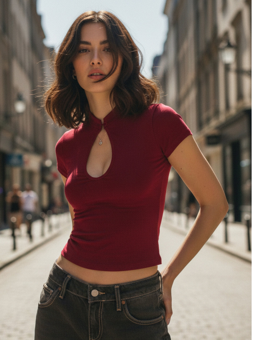 Maroon Short Sleeve Key Hole Detail Top