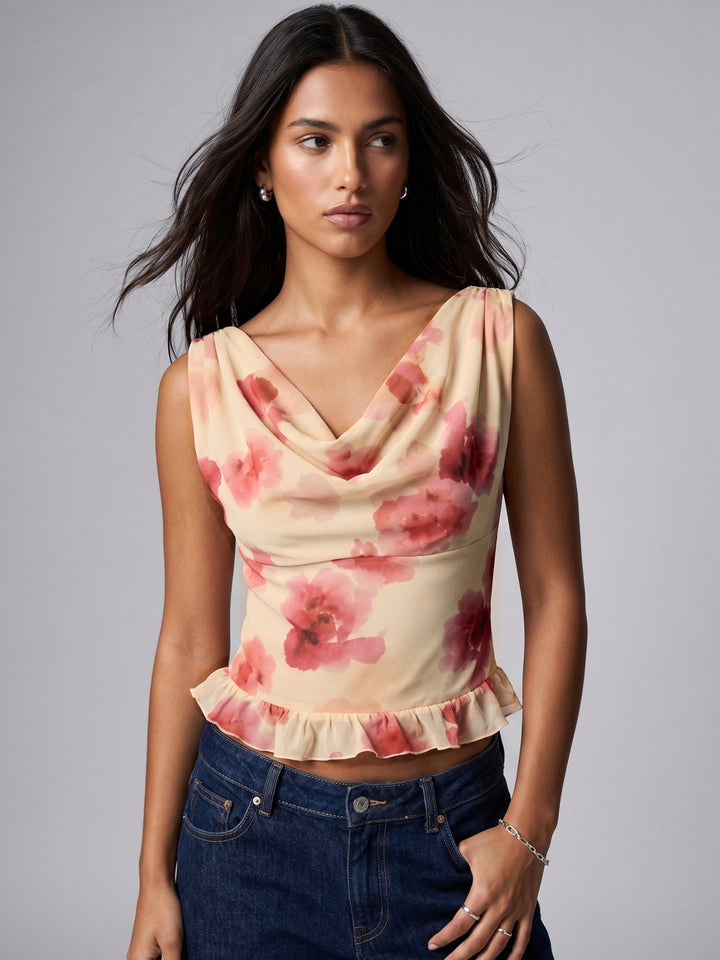 Multi Floral Cowl Neck Mesh Top