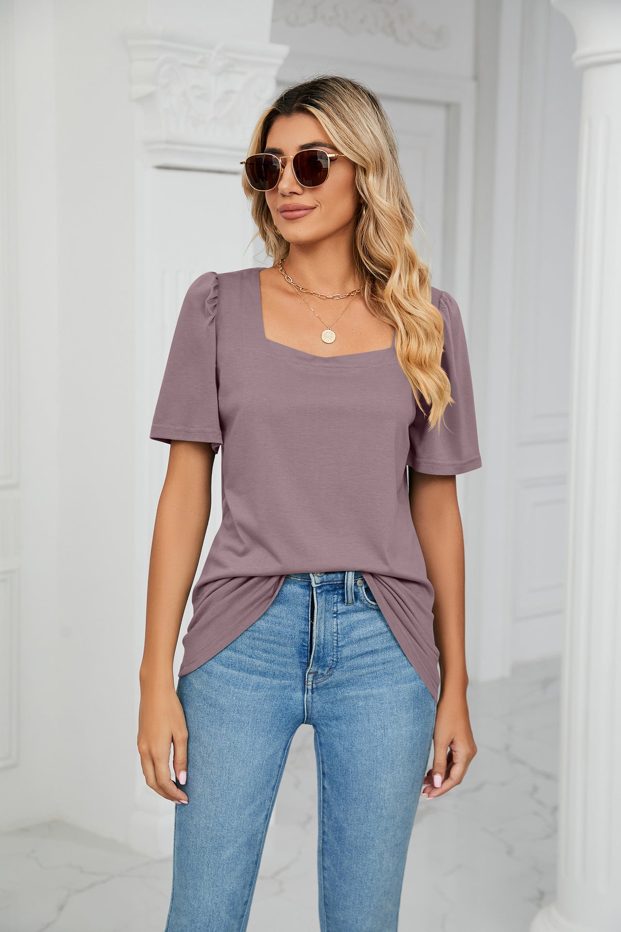 Mauve Short Sleeve Square Neck Top