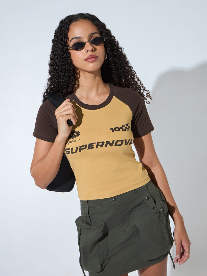 Beige Crew Neck Graphic T-Shirt