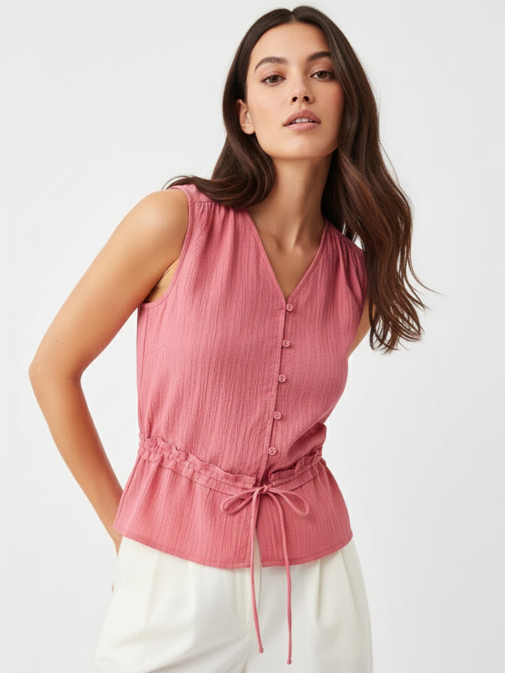 Pink Textured Top With Waist Detail