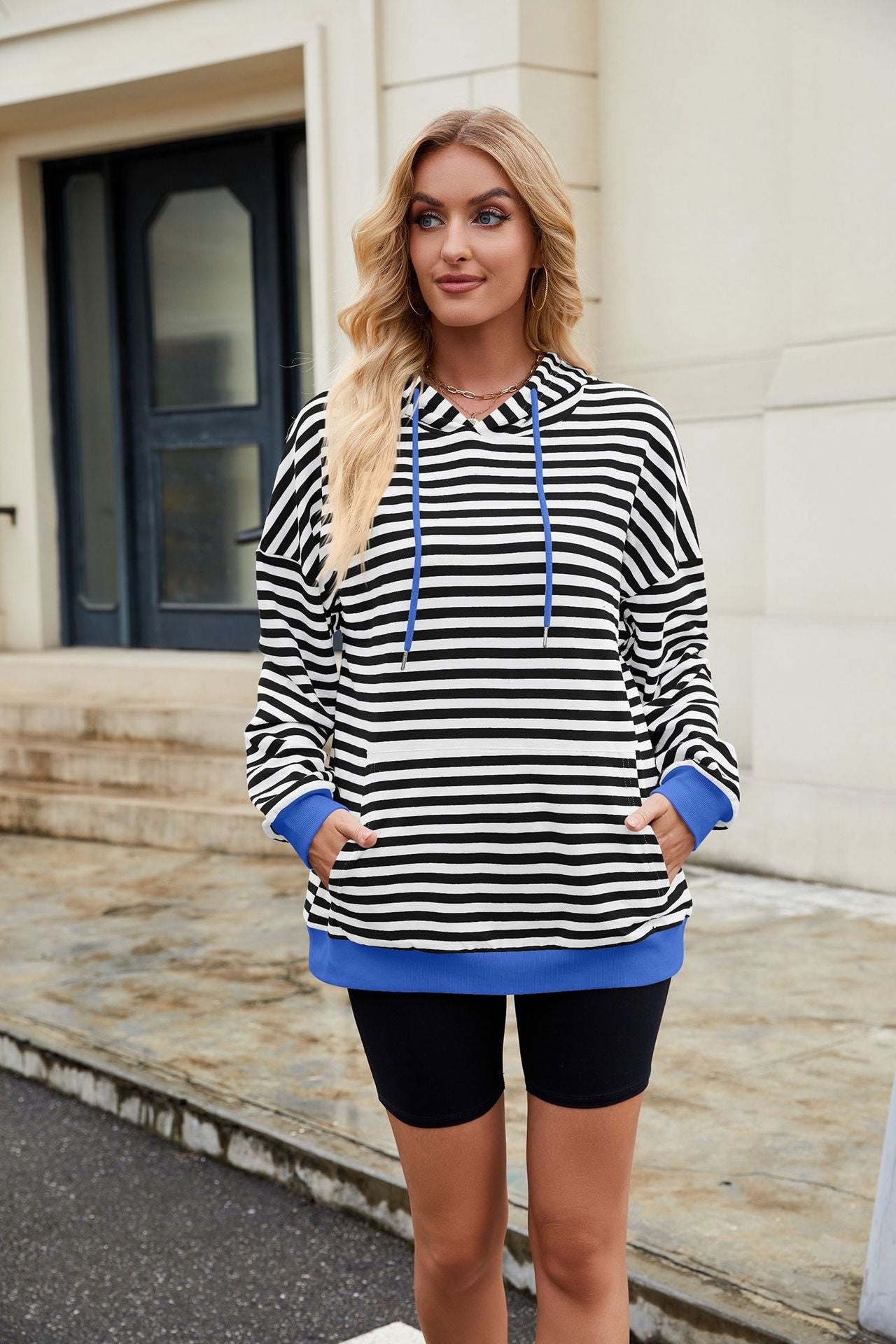 Black Full Sleeve Stripes Hooded Sweatshirt