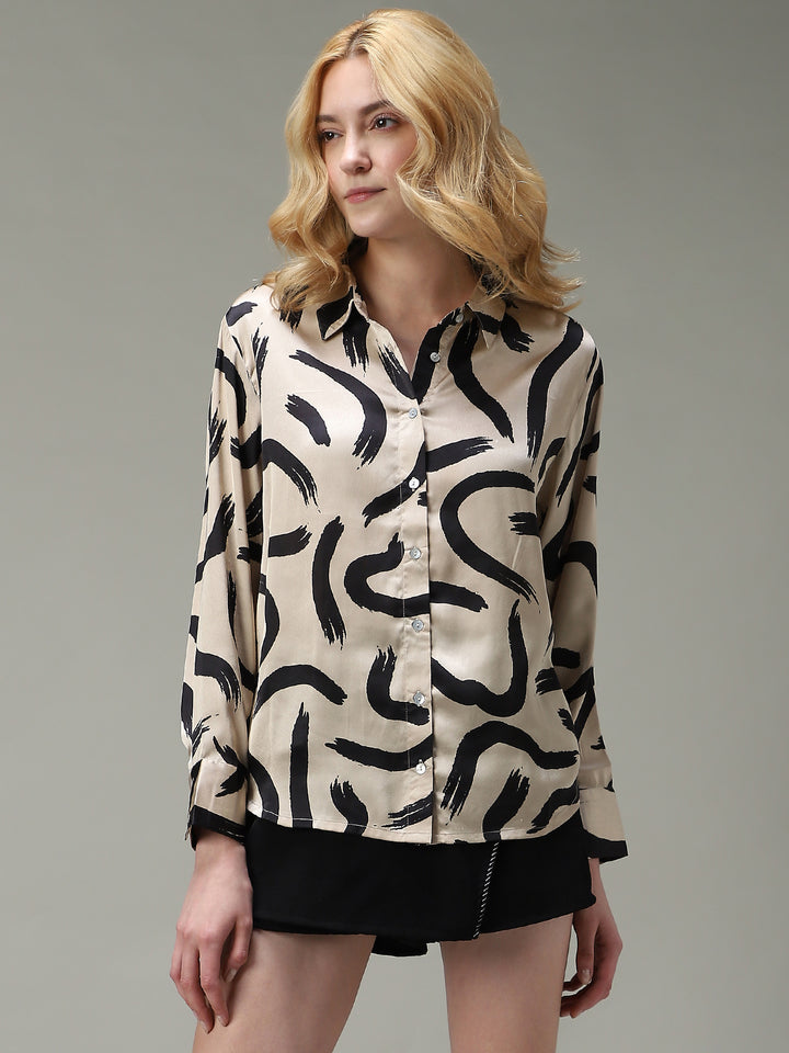 Beige Printed Satin Shirt