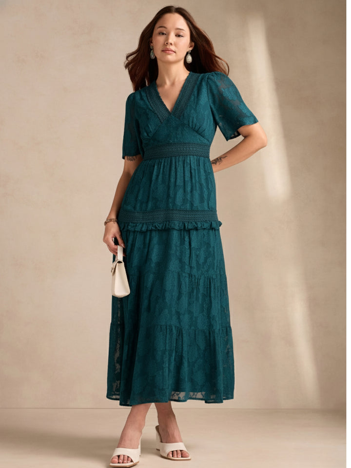 Teal Plunge Neck Jacquard Tiered Dress With Lace Detail