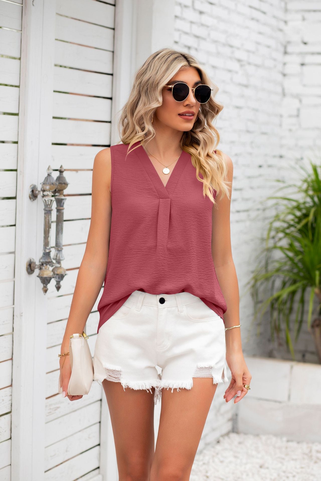 Nude Sleeveless V Neck Solid Top