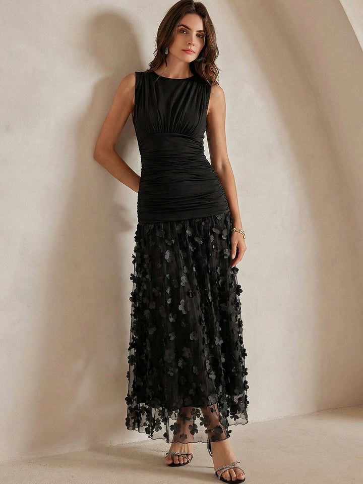 Black Sleeveless Applique Dress