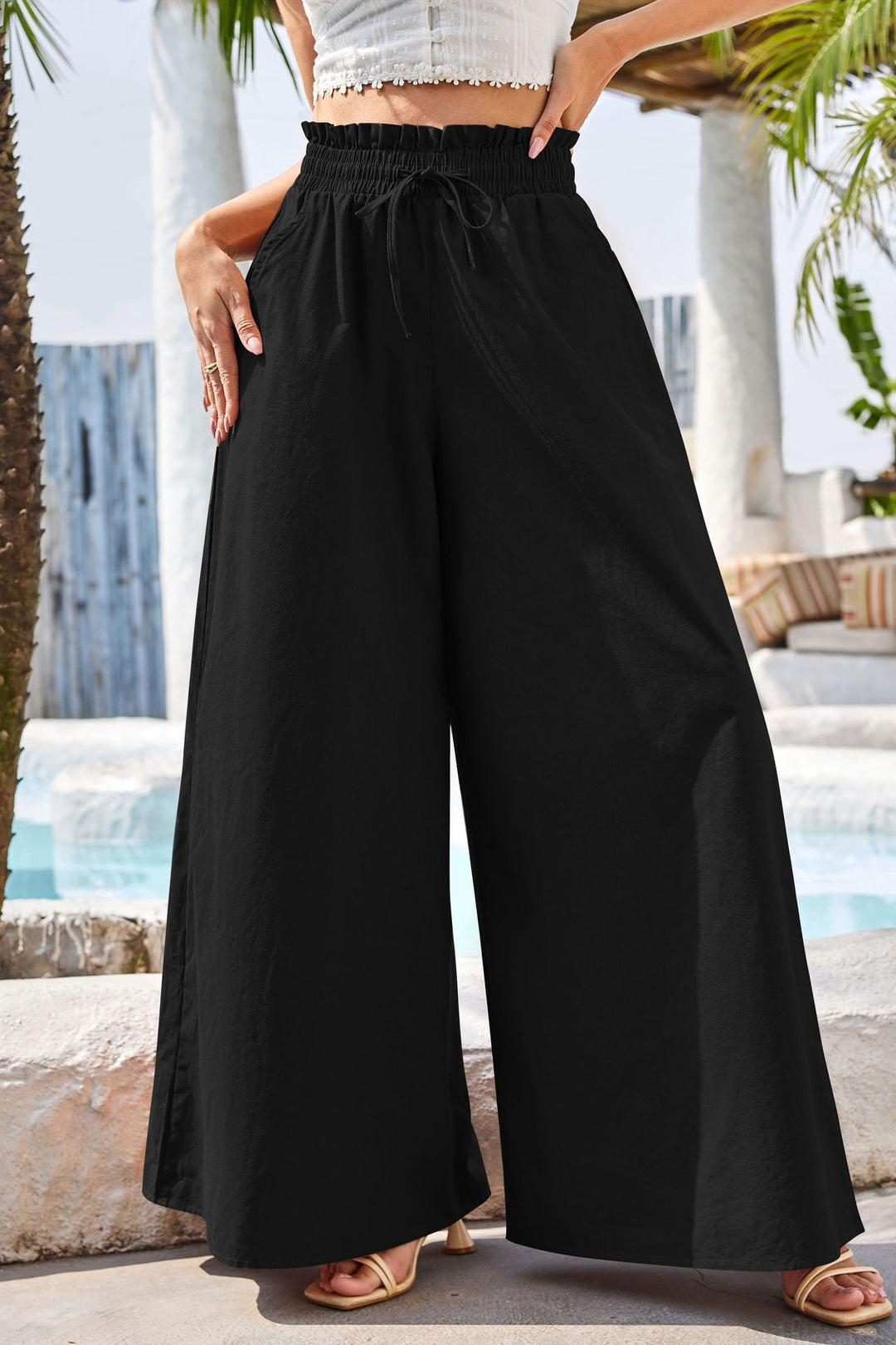 Black Elasticated Drawstring Flared Pants