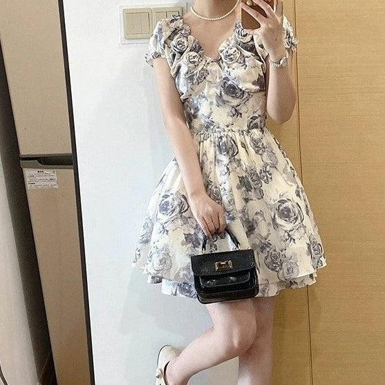 Grey Rosette Detail Fit And Flare Dress