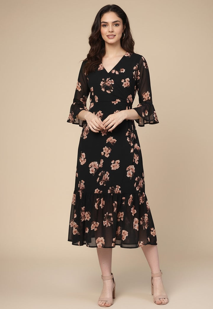 Black  Bishop Sleeve Printed V Neck Dress